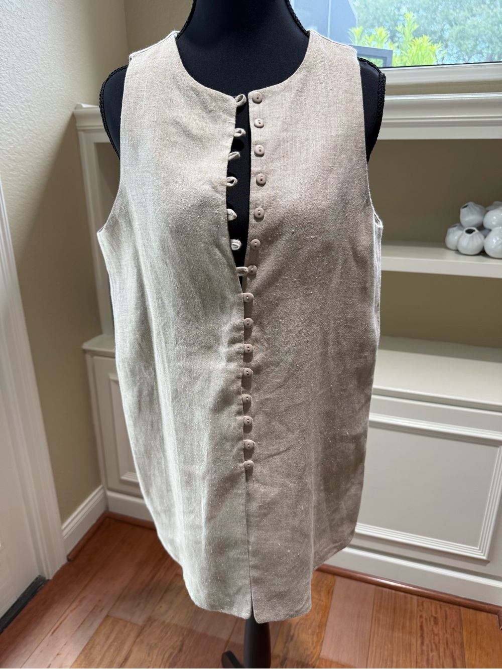 Linen Rayon Long Tunic Beige Top S/M Natural Capsule Button-Front Sleeveless